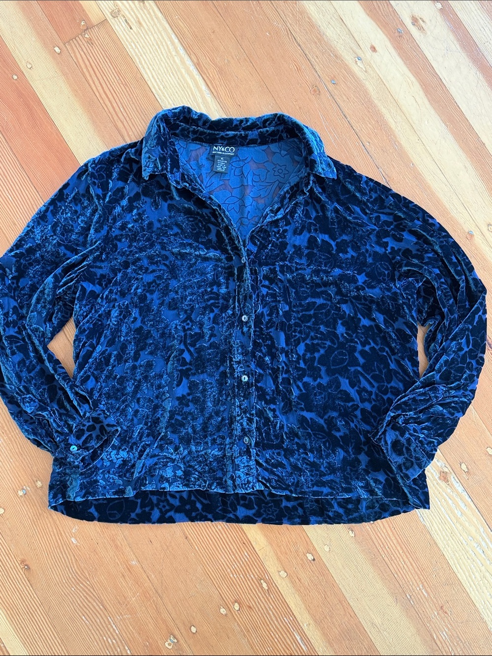 NY & CO Long Sleeve Navy Blue Velvet Burnout Top XL - Picture 4 of 5